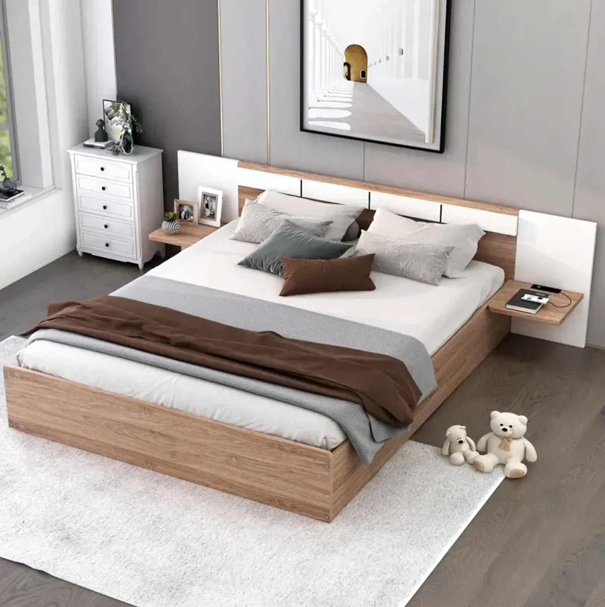 Queen Size Platform Bed With Headboard, Drawers, Shelves, USB Ports And Sockets