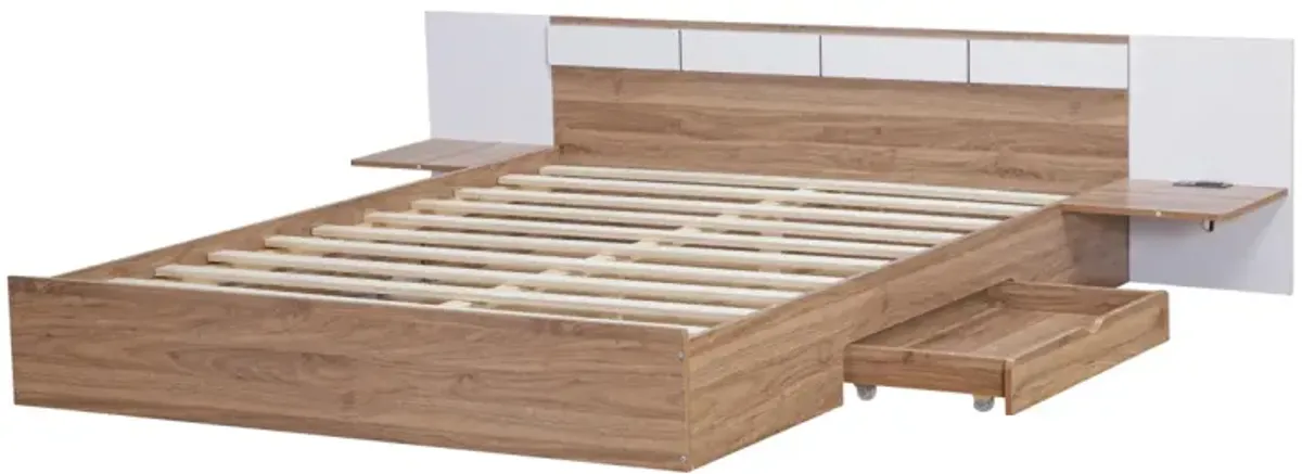 Queen Size Platform Bed With Headboard, Drawers, Shelves, USB Ports And Sockets