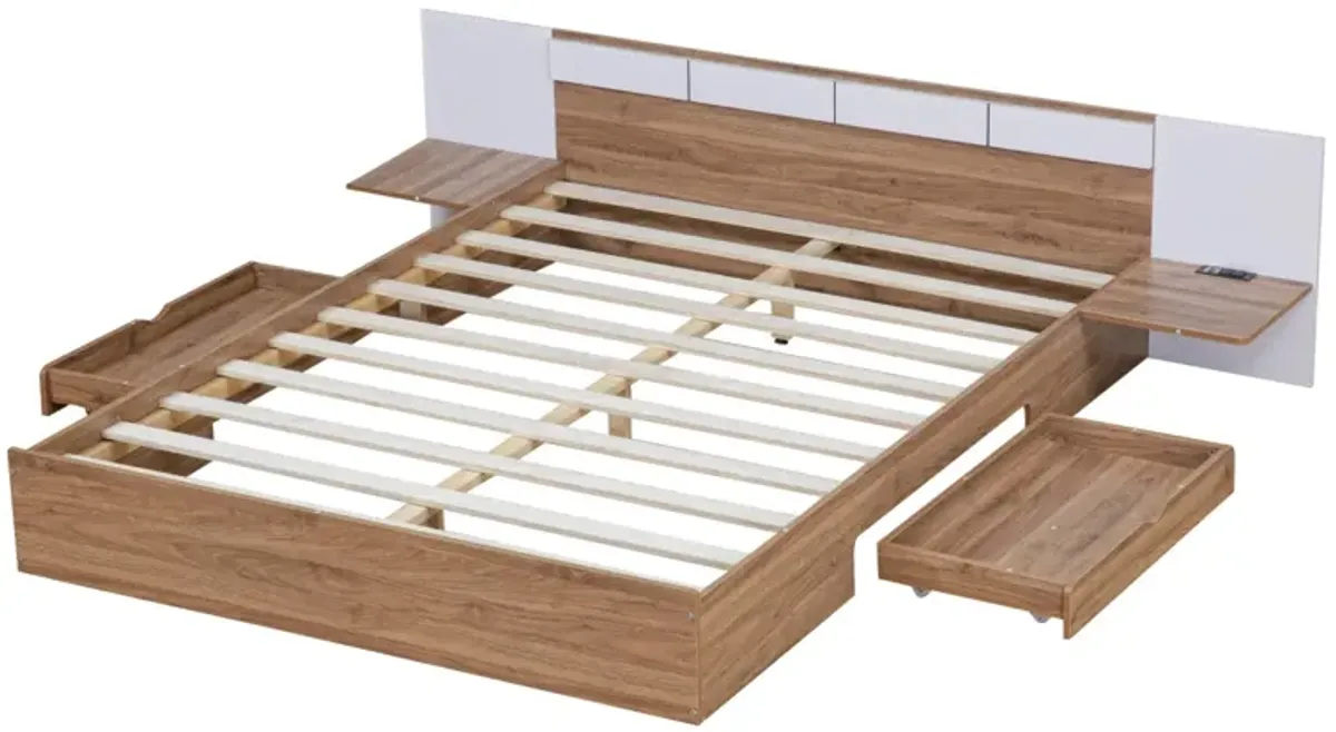 Queen Size Platform Bed With Headboard, Drawers, Shelves, USB Ports And Sockets