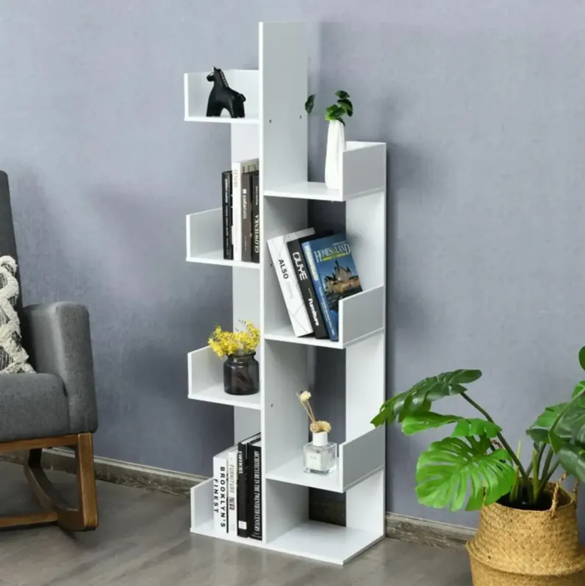 Hivvago 8 Shelf Wood Bookshelf with 8 Book Shelves for Home Office Decor