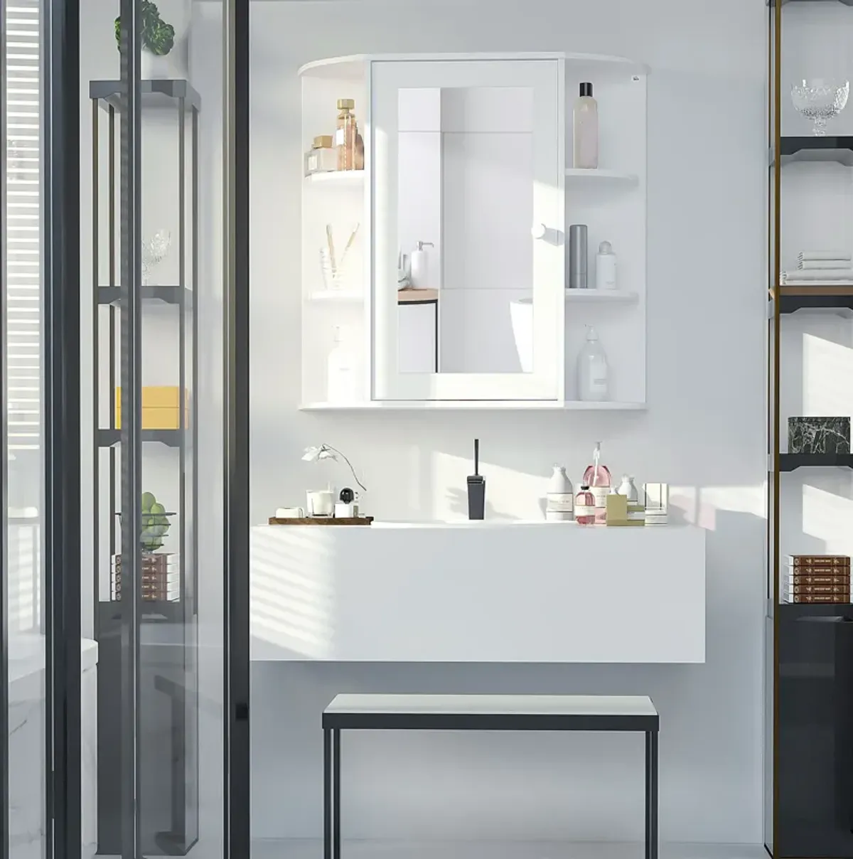 White Bathroom Organizer: Over-Sink Cabinet with Mirrored Door