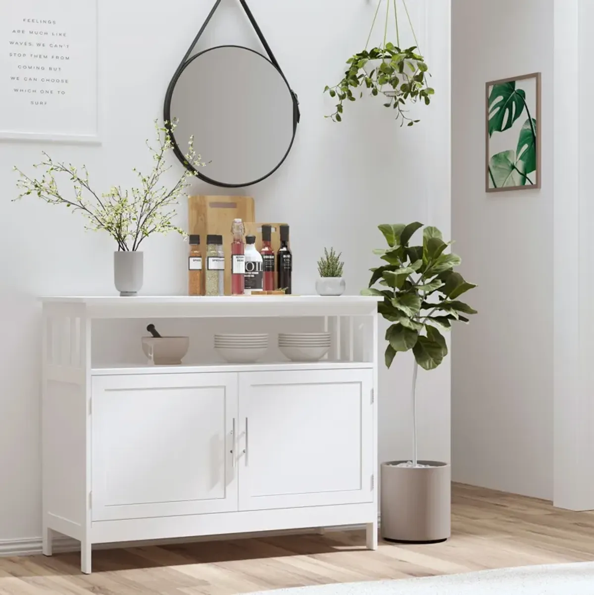 White Dining Room Storage: Wooden Buffet Console with Cabinet and Shelf