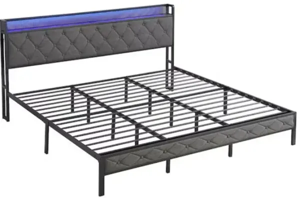 Gray King Bed Frame with Storage Headboard, Sturdy Metal Platform Design