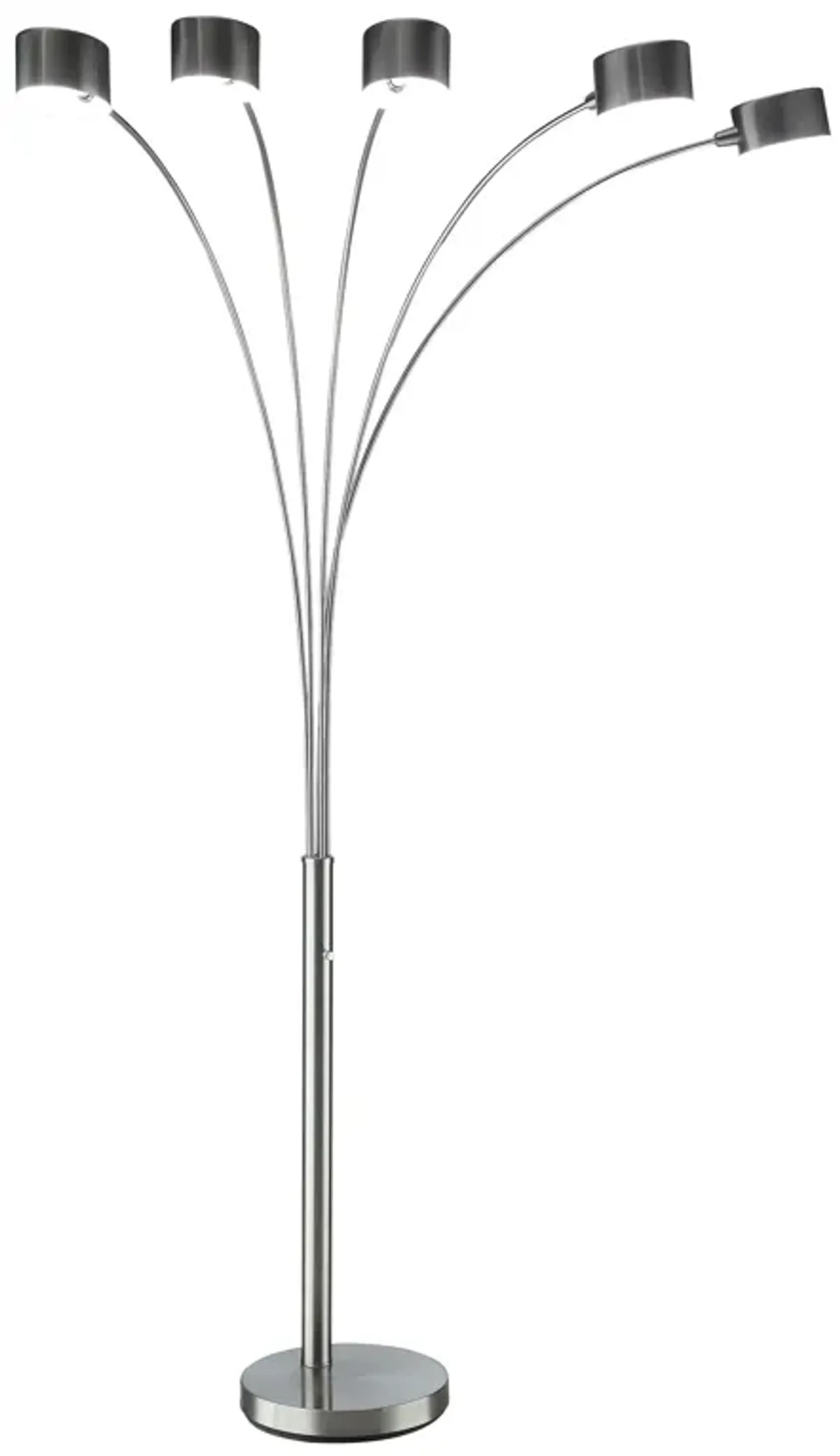 5 Arm Arched Floor Lamp, 84 Inch Chrome Metal Sleek Stem, Round Base - Benzara