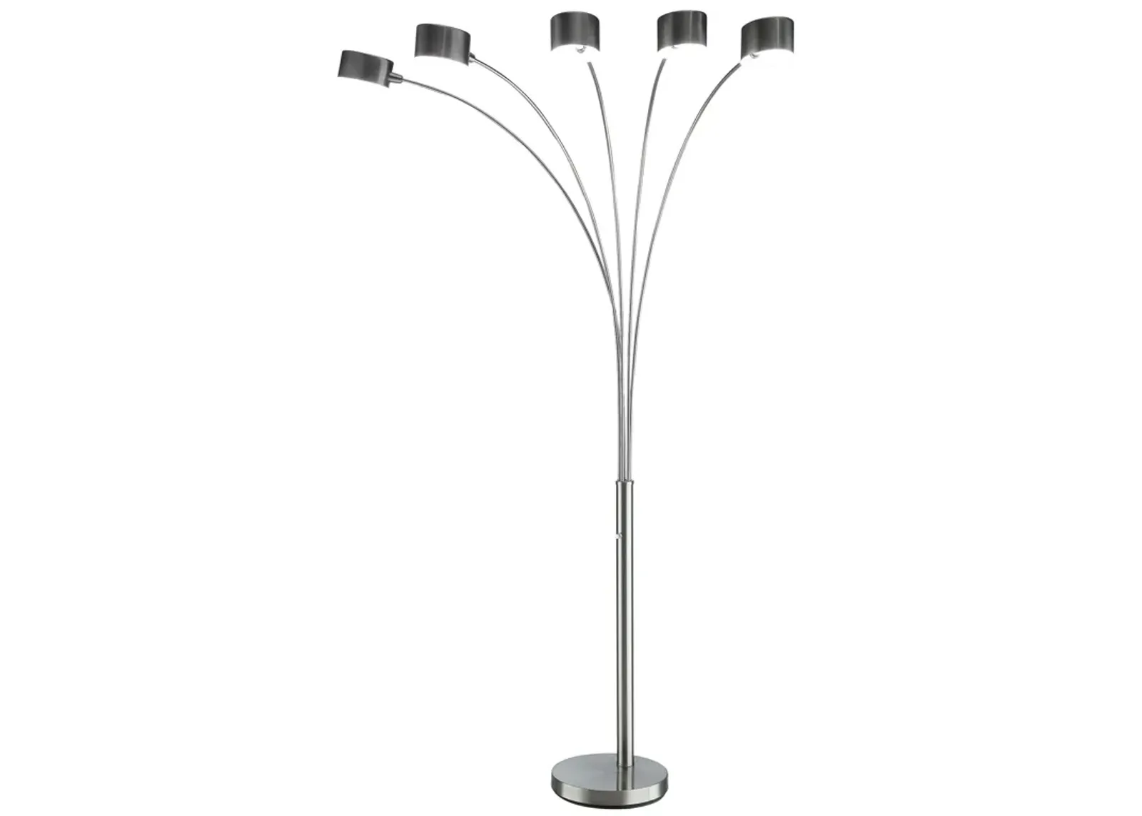 5 Arm Arched Floor Lamp, 84 Inch Chrome Metal Sleek Stem, Round Base - Benzara