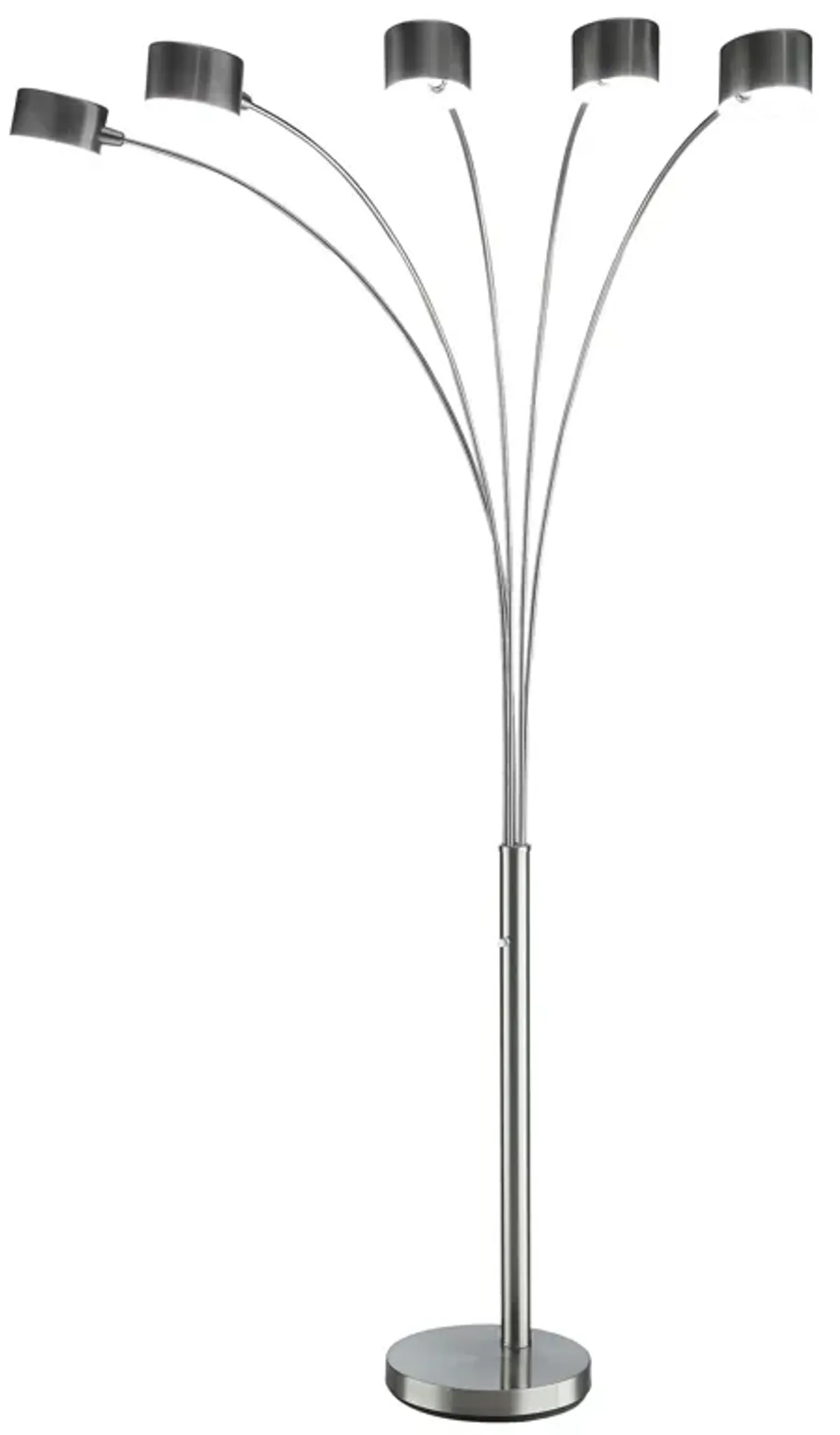 5 Arm Arched Floor Lamp, 84 Inch Chrome Metal Sleek Stem, Round Base - Benzara