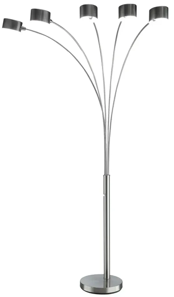 5 Arm Arched Floor Lamp, 84 Inch Chrome Metal Sleek Stem, Round Base - Benzara