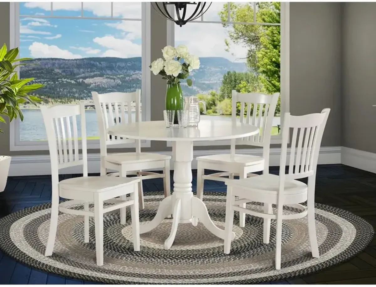 East West Furniture 5 Piece Kitchen Table & Chairs Set Includes a Round Dining Room Table with Dropleaf and 4 Dining Chairs, 42x42 Inch, Linen White