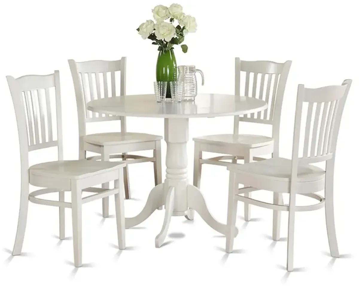 East West Furniture 5 Piece Kitchen Table & Chairs Set Includes a Round Dining Room Table with Dropleaf and 4 Dining Chairs, 42x42 Inch, Linen White