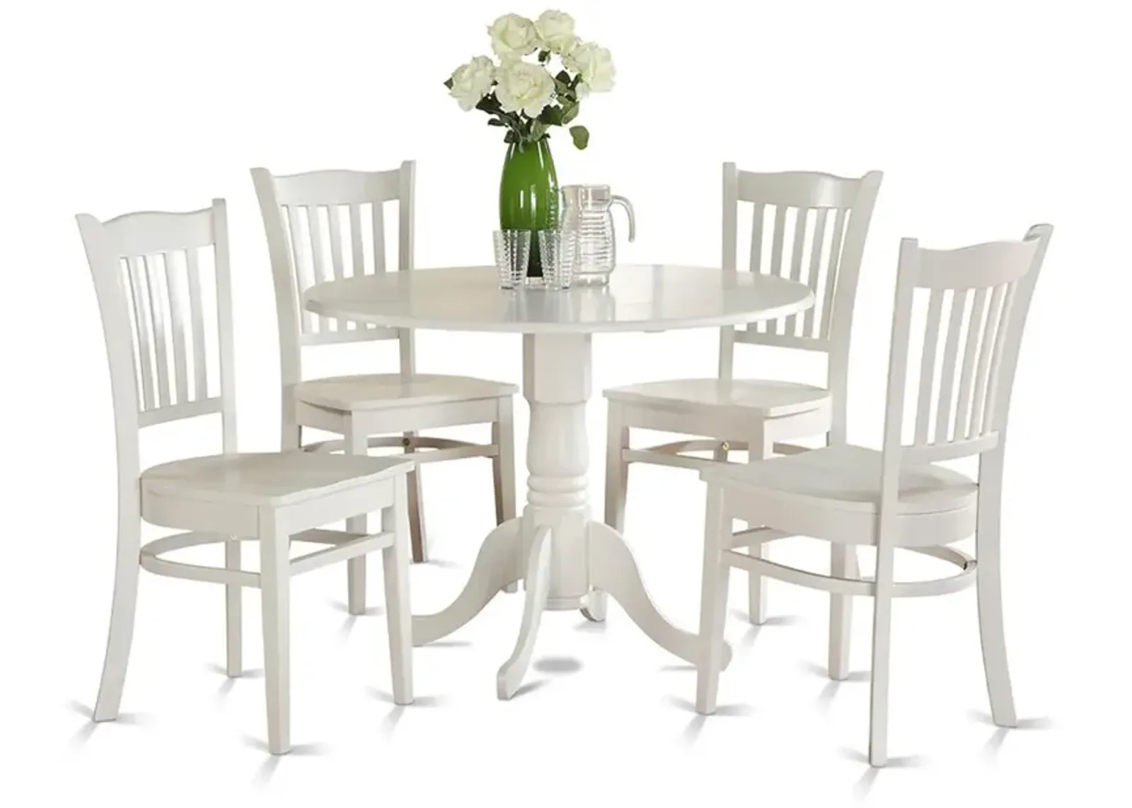 East West Furniture 5 Piece Kitchen Table & Chairs Set Includes a Round Dining Room Table with Dropleaf and 4 Dining Chairs, 42x42 Inch, Linen White