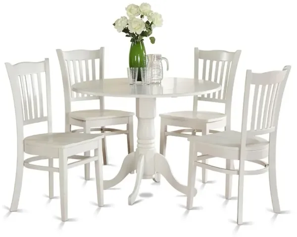 East West Furniture 5 Piece Kitchen Table & Chairs Set Includes a Round Dining Room Table with Dropleaf and 4 Dining Chairs, 42x42 Inch, Linen White