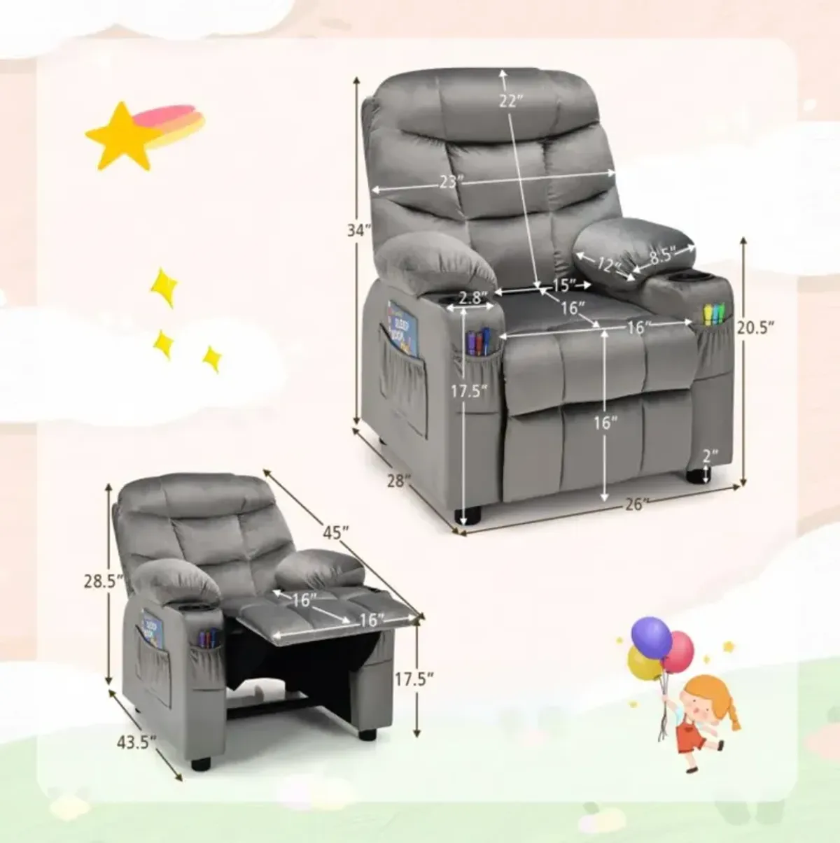 Hivvago Kids Recliner Chair with Cup Holder and Footrest for Children