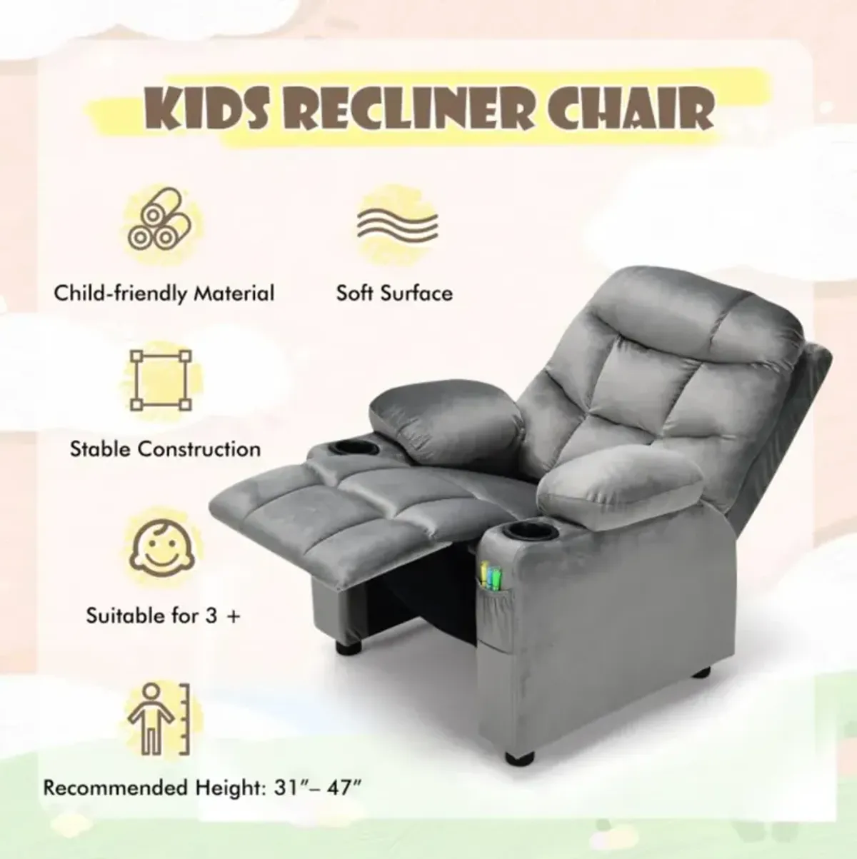 Hivvago Kids Recliner Chair with Cup Holder and Footrest for Children