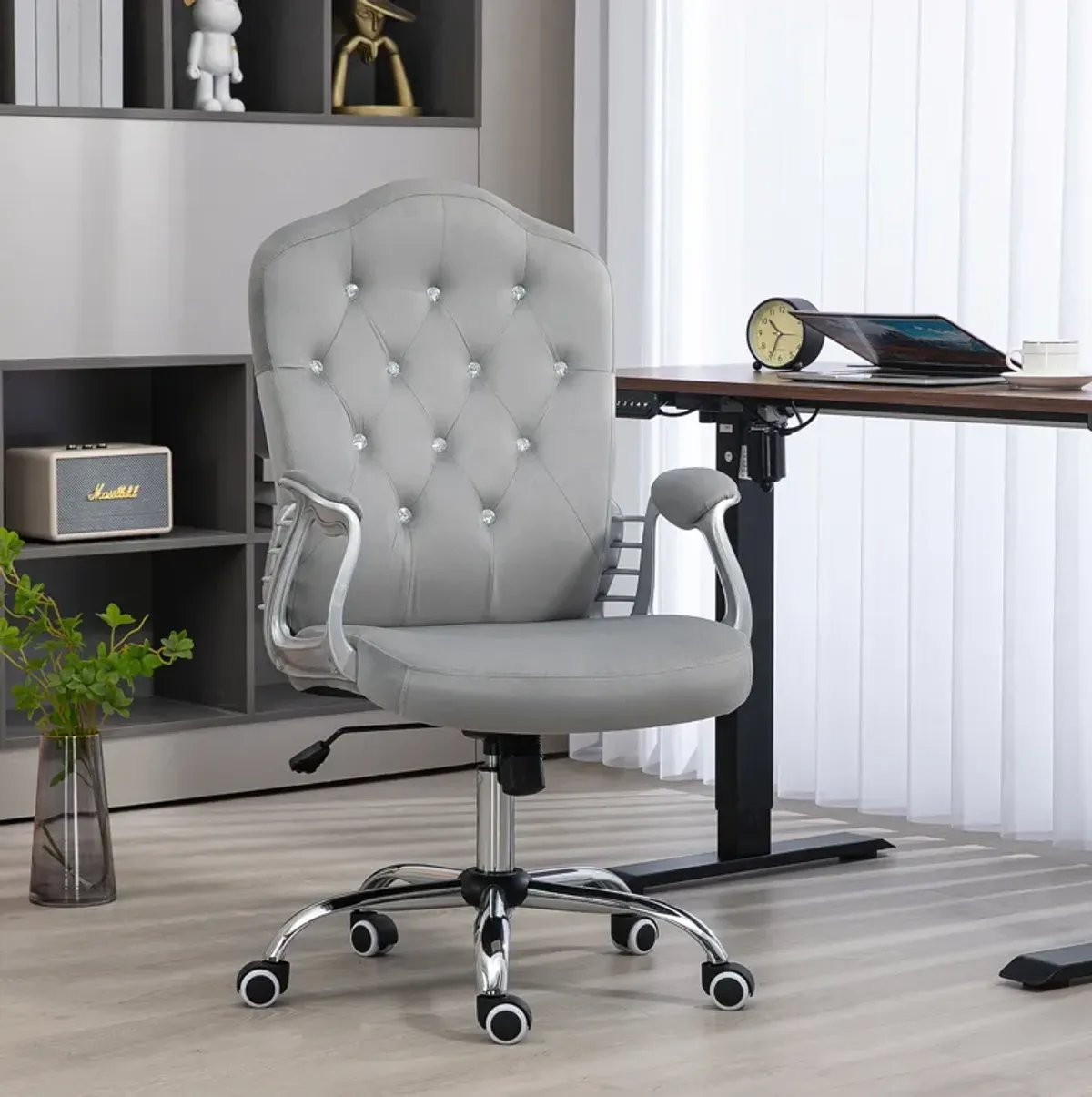 Vinsetto Home Office Chair, Velvet Computer Chair, Button Tufted Desk Chair with Swivel Wheels, Adjustable Height, and Tilt Function, Light Gray