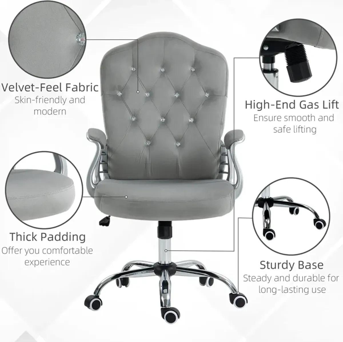 Vinsetto Home Office Chair, Velvet Computer Chair, Button Tufted Desk Chair with Swivel Wheels, Adjustable Height, and Tilt Function, Light Gray