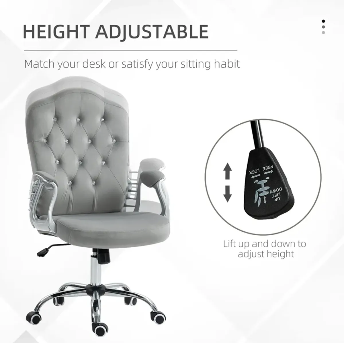 Vinsetto Home Office Chair, Velvet Computer Chair, Button Tufted Desk Chair with Swivel Wheels, Adjustable Height, and Tilt Function, Light Gray