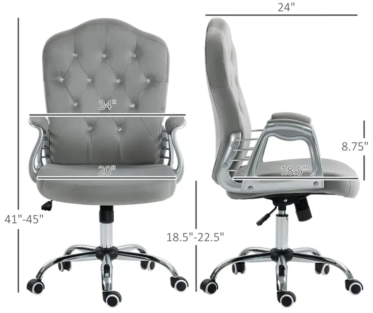 Vinsetto Home Office Chair, Velvet Computer Chair, Button Tufted Desk Chair with Swivel Wheels, Adjustable Height, and Tilt Function, Light Gray