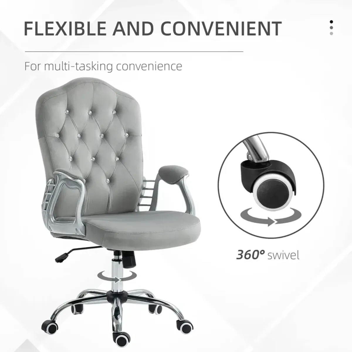 Vinsetto Home Office Chair, Velvet Computer Chair, Button Tufted Desk Chair with Swivel Wheels, Adjustable Height, and Tilt Function, Light Gray