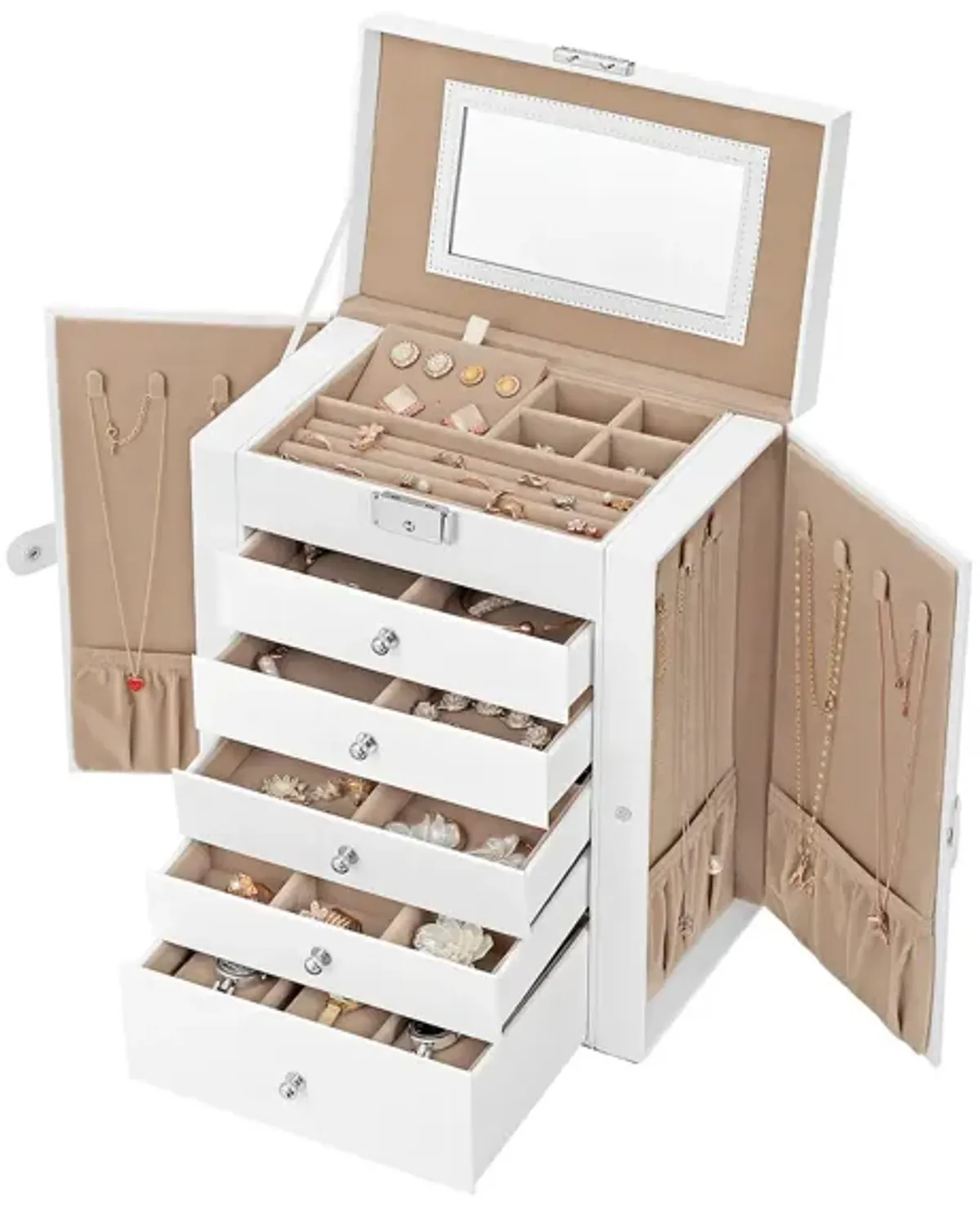 6-Tier Large Jewelry Box with Drawers, Mirror & Lock - Organizer for All Jewelry Types