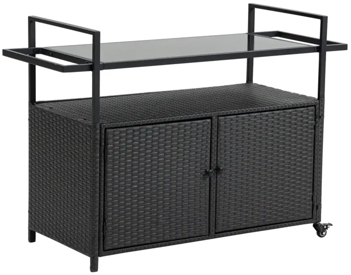 Wicker Bar Cart with Wheels, Glass Top