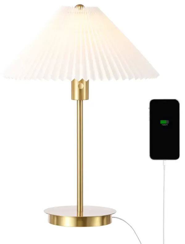 Freida Modern Glam Metal Column LED Table Lamp with USB Charging Port and Pleated Shade