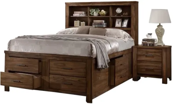 Tiva Wood Queen Size Bed, 6 Drawers, Book Case Frame, Distressed Oak Brown - Benzara