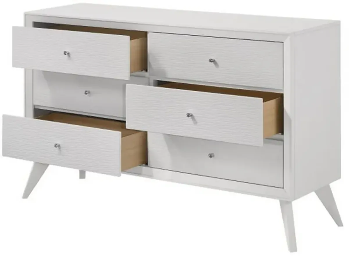 Siam 57 Inch Dresser, 6 Drawers, Modern White, Sleek Rubberwood Frame - Benzara