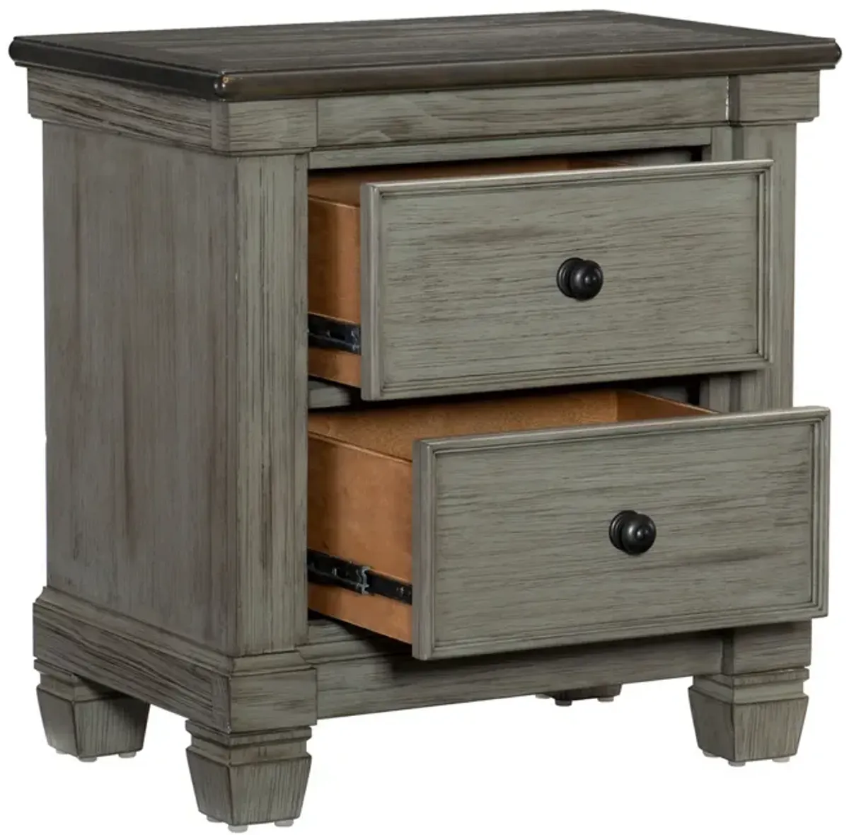 Cadie 29 Inch Nightstand, 2 Drawers, Coffee Brown, Antique Gray Wood - Benzara