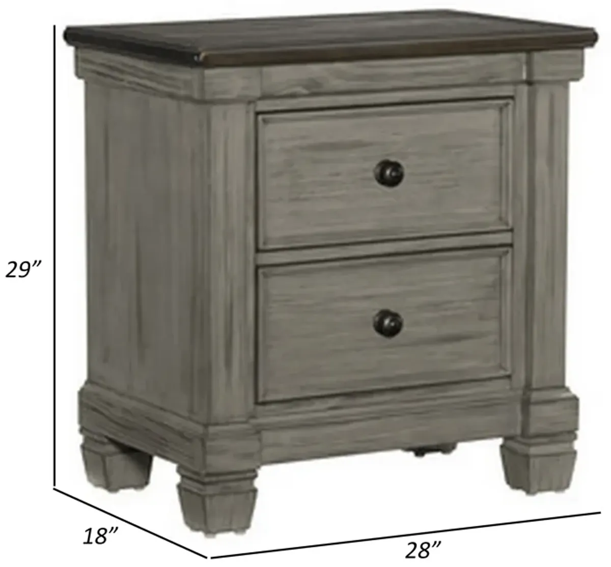 Cadie 29 Inch Nightstand, 2 Drawers, Coffee Brown, Antique Gray Wood - Benzara