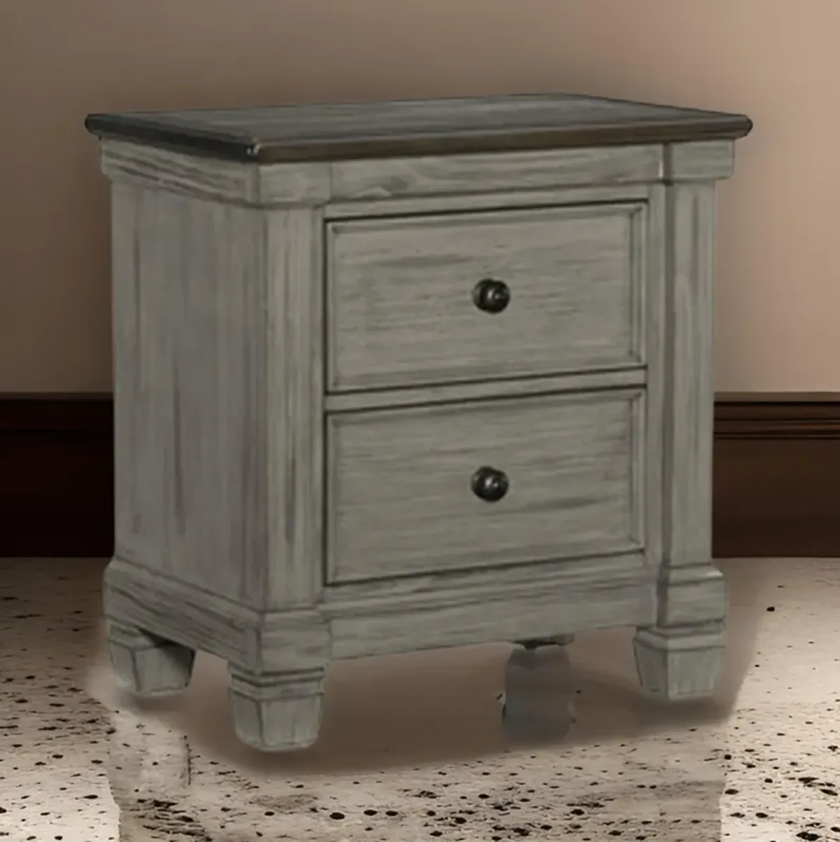 Cadie 29 Inch Nightstand, 2 Drawers, Coffee Brown, Antique Gray Wood - Benzara