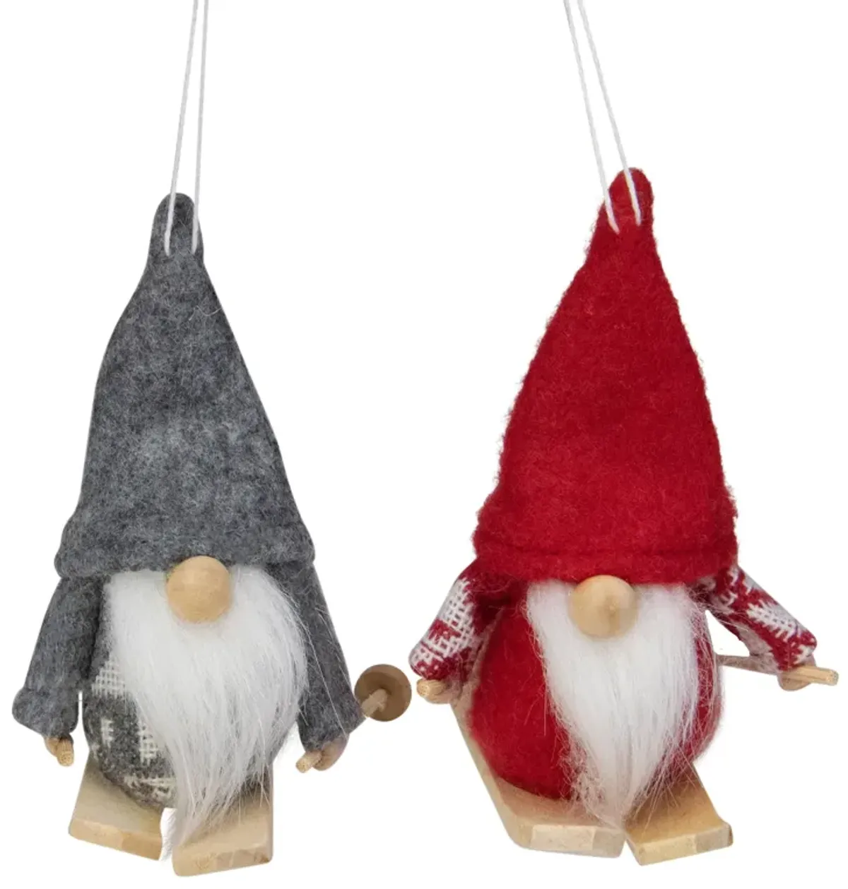 Set of 2 Red and Gray Skiing Gnomes Christmas Ornaments 5"