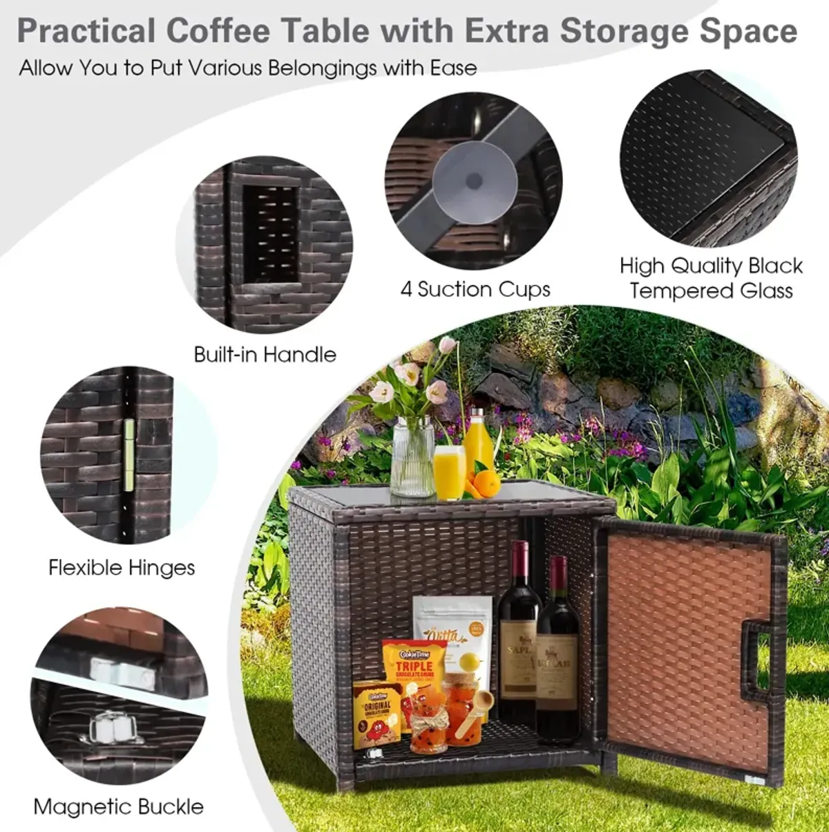 3 Pieces Patio Wicker Furniture Set with Storage Table and Protective Cover