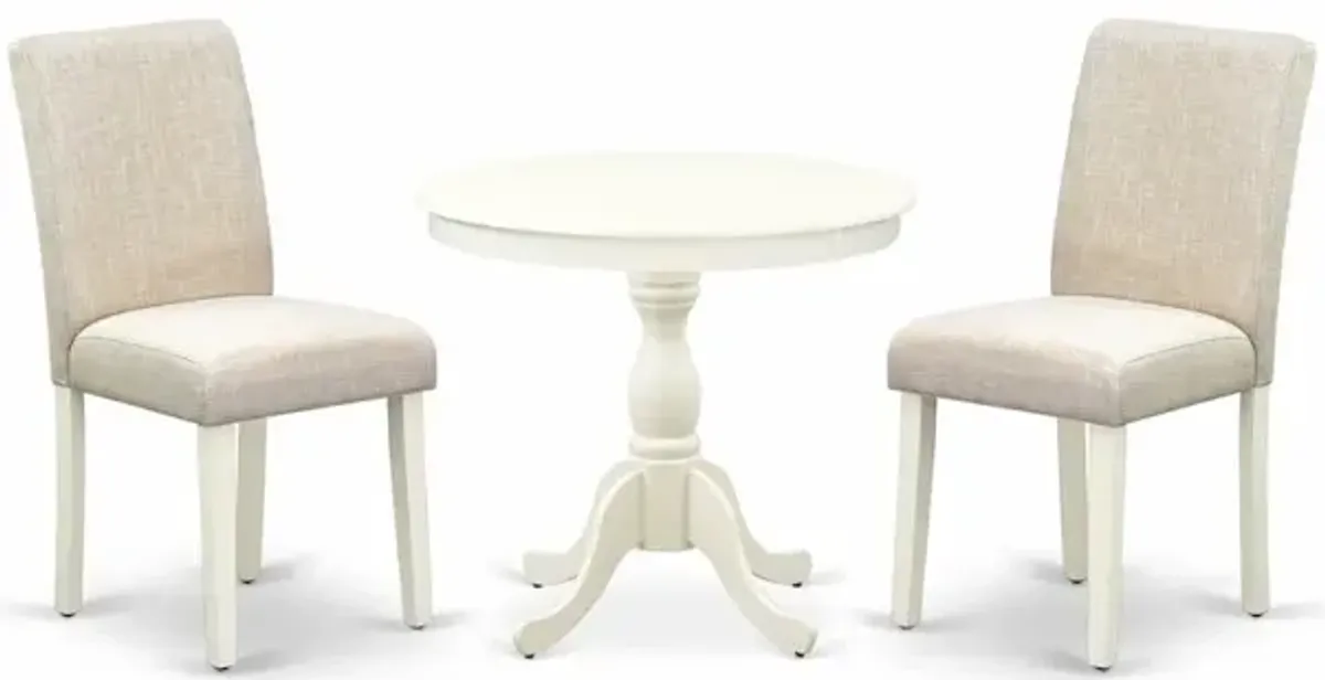 AMAB3-LWH-02 3 Pc Kitchen Table Set - 1 Pedestal Table and 2 Light Beige Parson Chairs - Linen White Finish