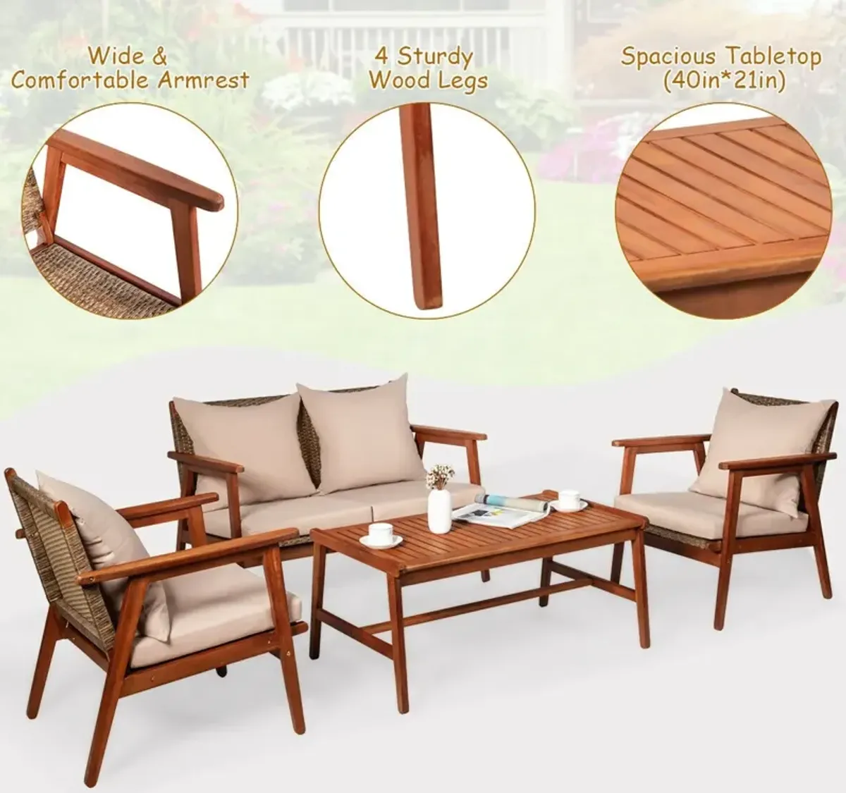 4-Piece Acacia Wood and Rattan Patio Furniture Set for Outdoor Seating