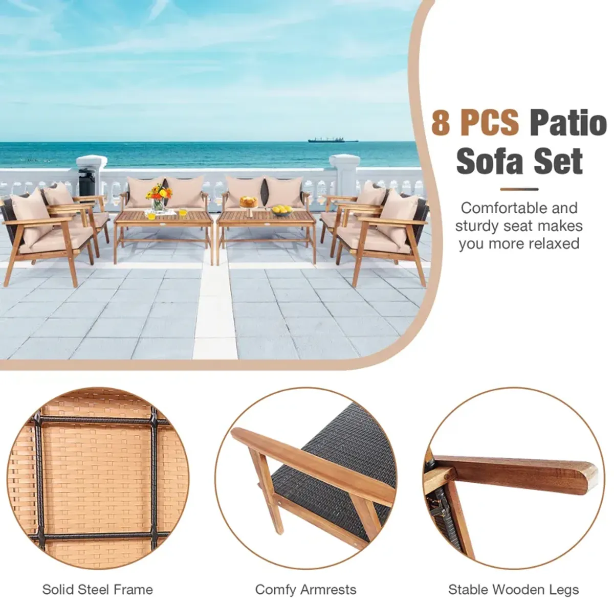 4-Piece Acacia Wood and Rattan Patio Furniture Set for Outdoor Seating