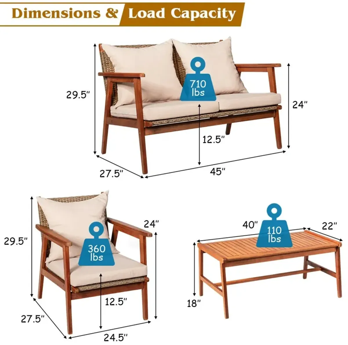 4-Piece Acacia Wood and Rattan Patio Furniture Set for Outdoor Seating