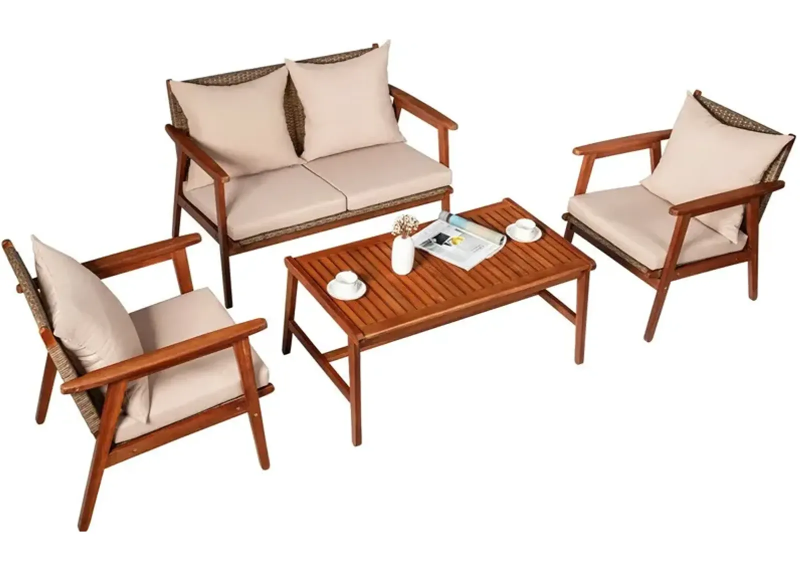 4-Piece Acacia Wood and Rattan Patio Furniture Set for Outdoor Seating