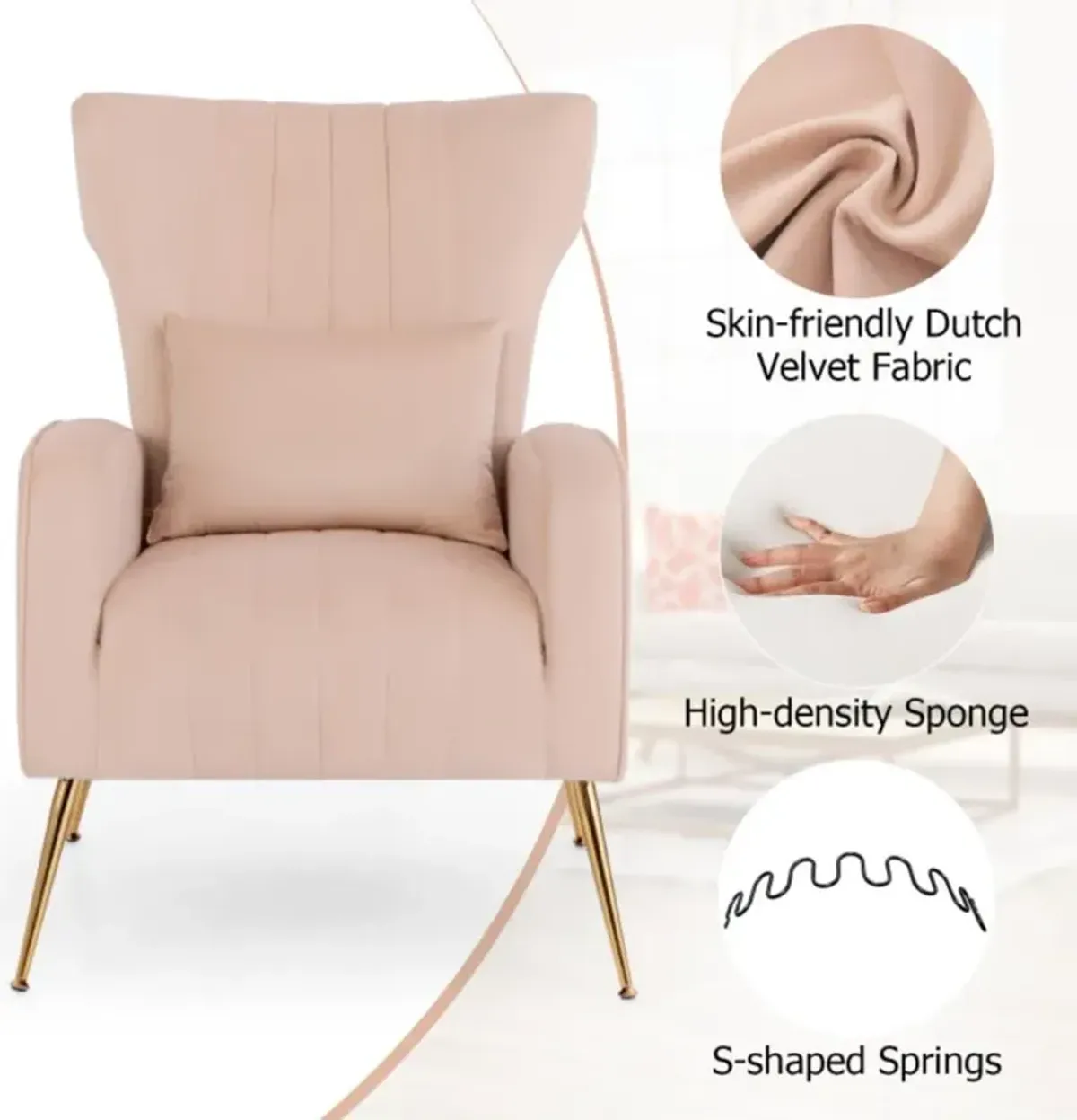 Hivvago Velvet Upholstered Wingback Chair with Lumbar Pillow and Golden Metal Legs