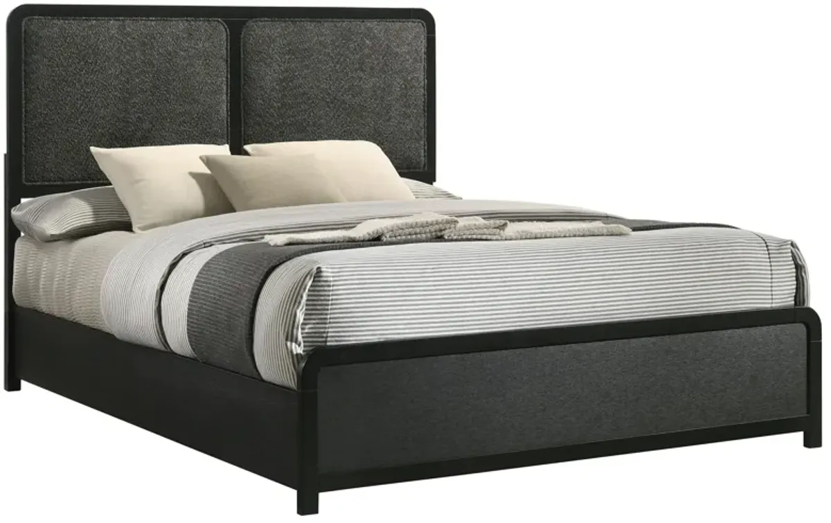 Cavy Queen Size Bed, Channel Tufted Upholstered Headboard, Black Gray - Benzara