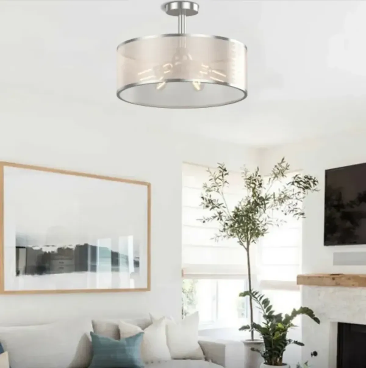 6-Light Semi Flush Mount Ceiling Light Pendant Lamp with Fabric Drum-shaped Shade