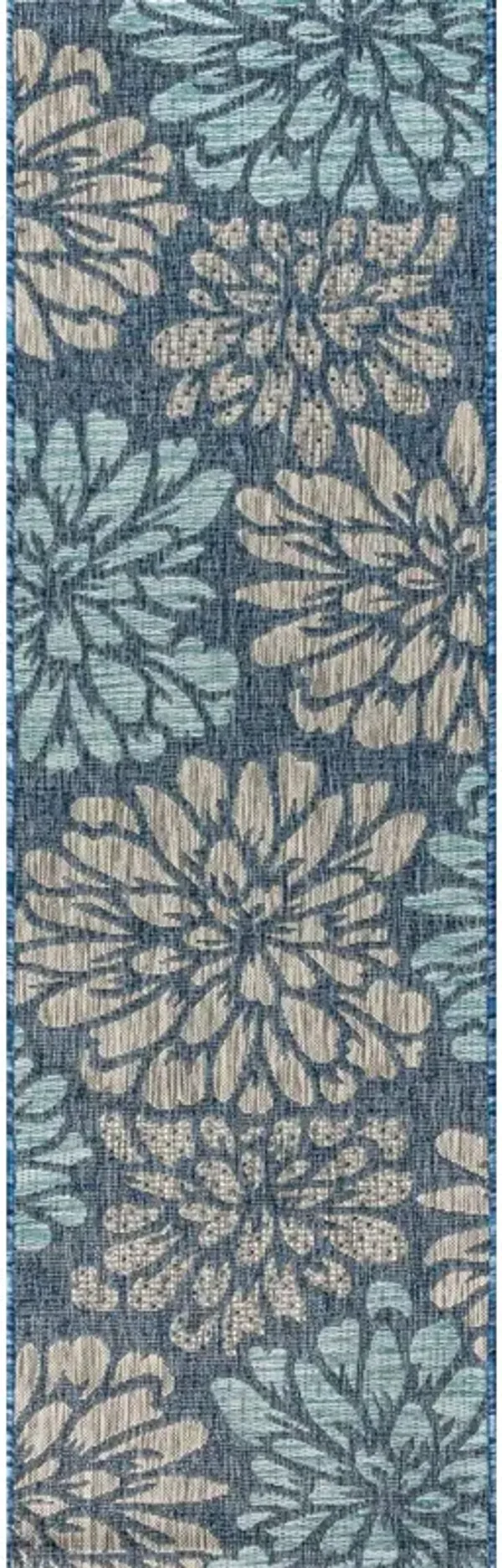 Zinnia Modern Floral Textured Weave Navy/Aqua. Indoor/Outdoor Runner Rug