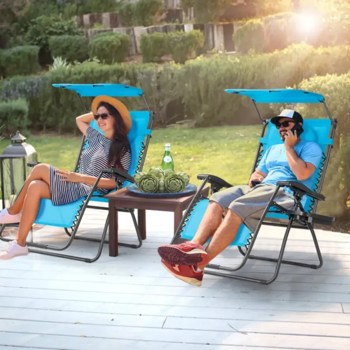 Hivvago Folding Recliner Lounge Chair with Shade Canopy Cup Holder