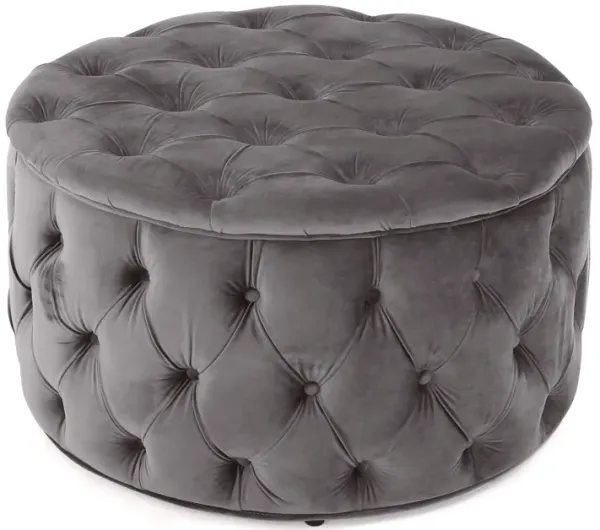 Keja Ottoman, Tufted Dark Gray Velvet, Soft Cushioning, Round 30 Inch - Benzara