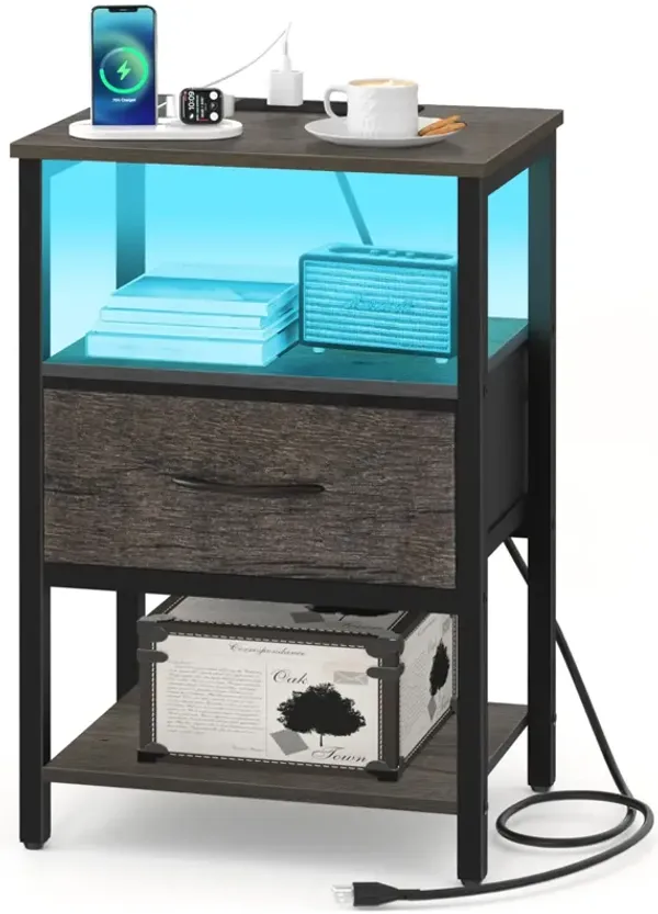 Yoobure Grey Night Stand with Charging Station, LED Nightstand for Bedroom, Bedside Tables with Adjustable Fabric Drawer, 3-Tier