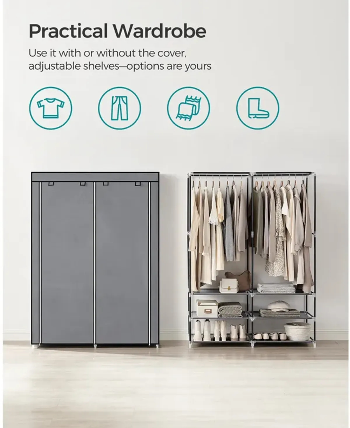 Portable Closet Wardrobe with Shoe Rack, Cover & Dual Hanging Rods