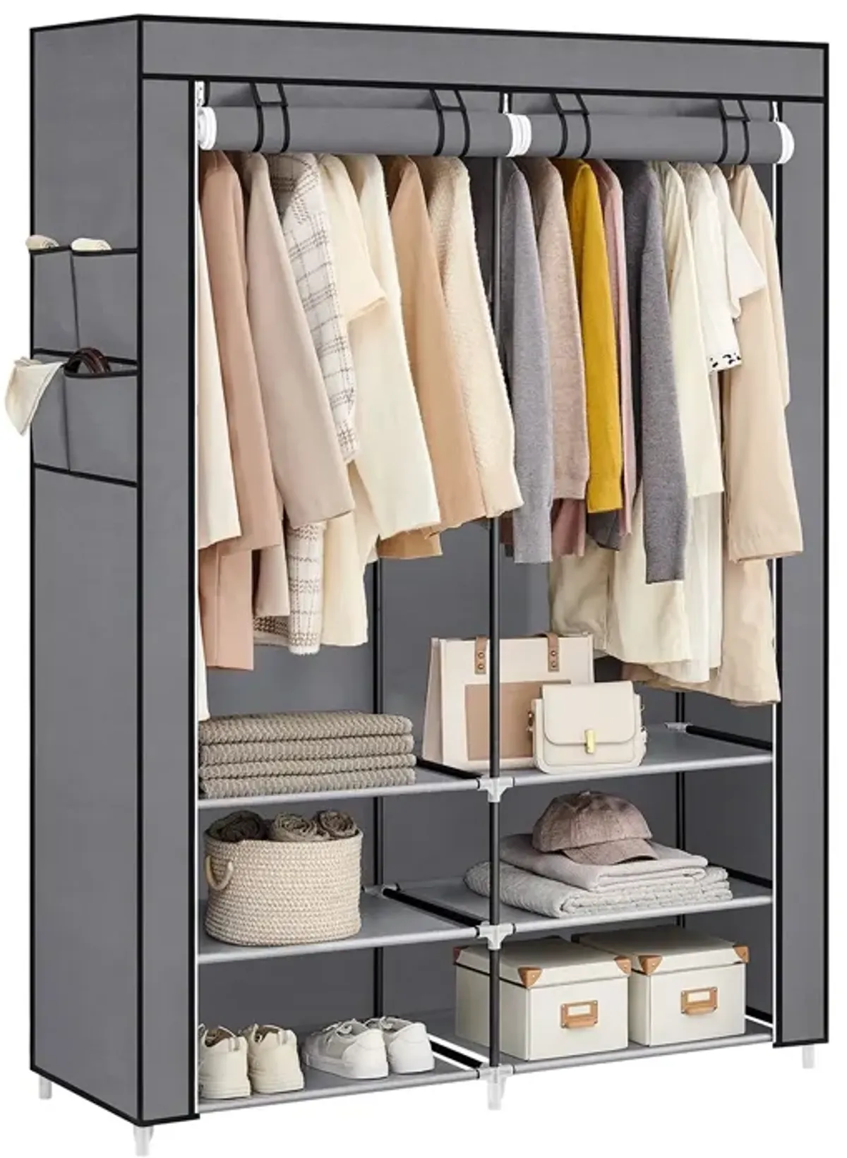 Portable Closet Wardrobe with Shoe Rack, Cover & Dual Hanging Rods