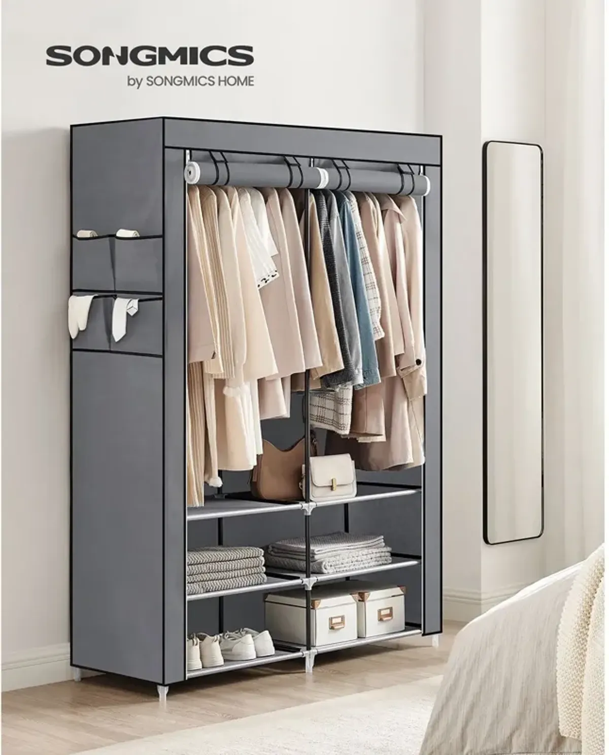 Portable Closet Wardrobe with Shoe Rack, Cover & Dual Hanging Rods