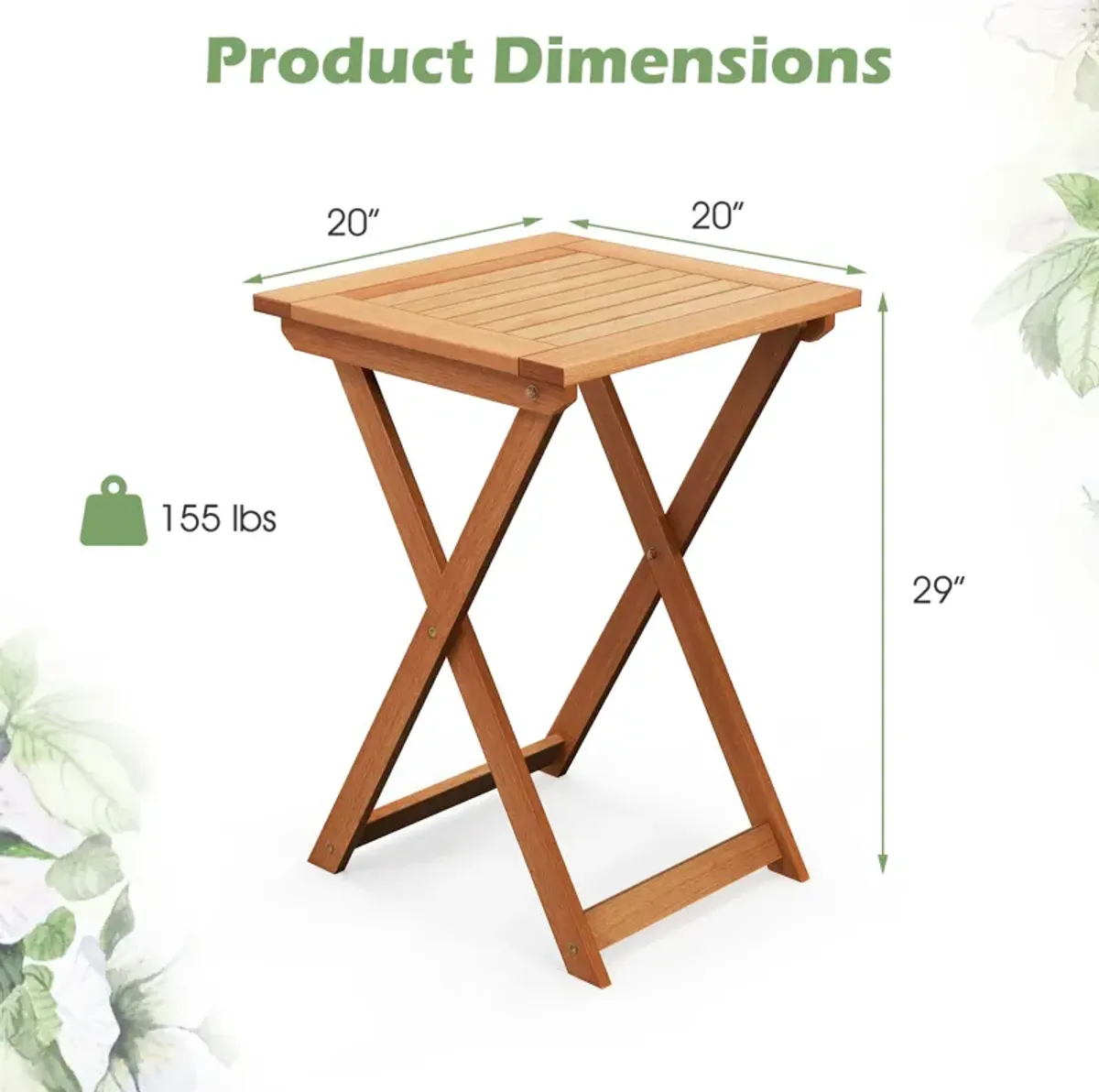 20 Inch Hardwood Patio Folding Table with Slatted Tabletop