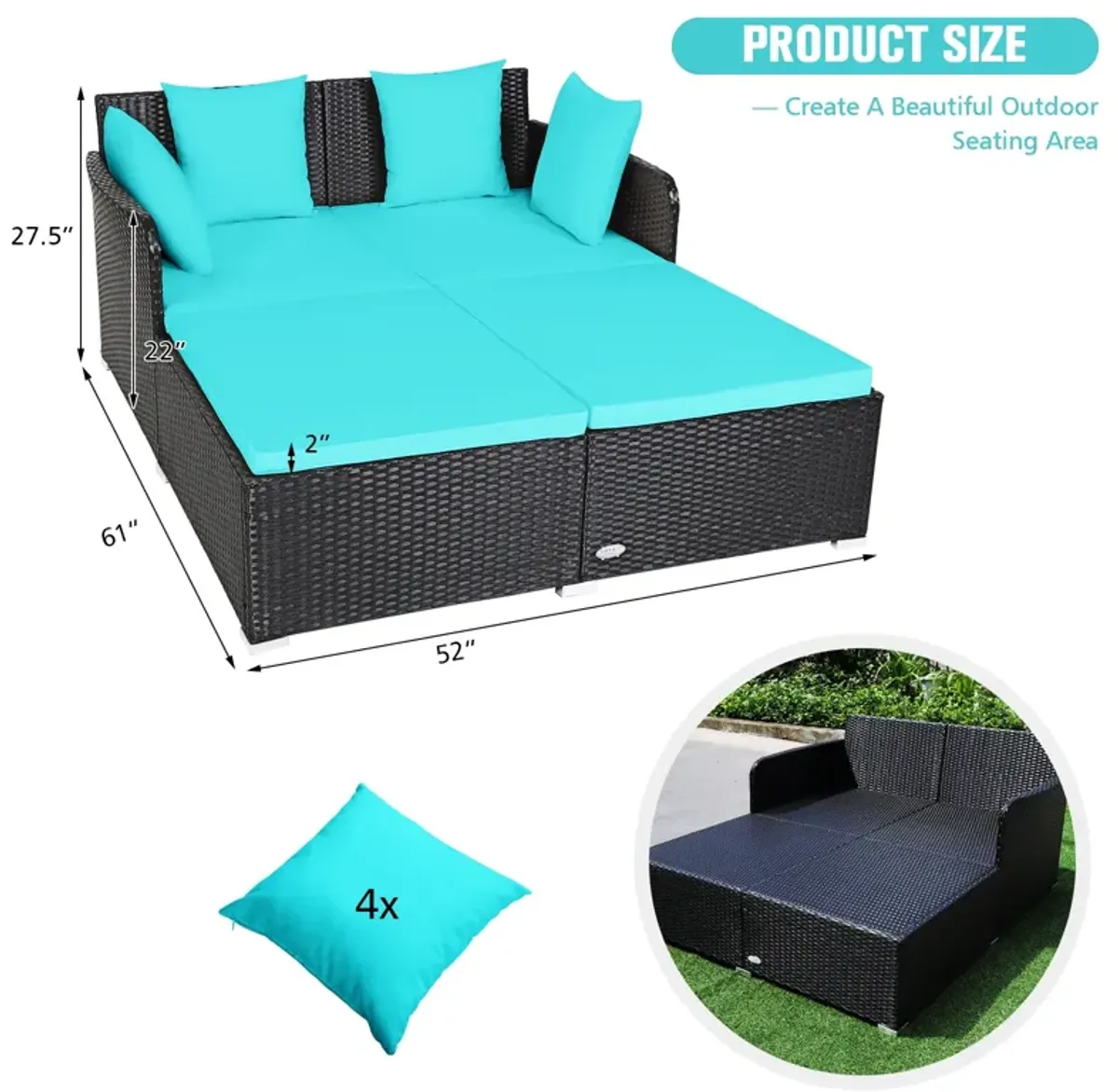 Spacious Outdoor Rattan Daybed with Upholstered Cushions and Pillows