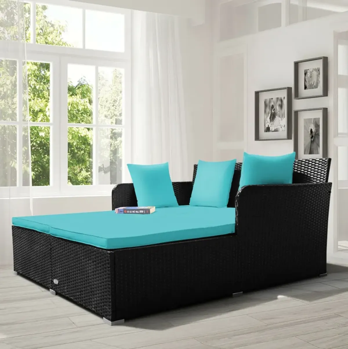 Spacious Outdoor Rattan Daybed with Upholstered Cushions and Pillows